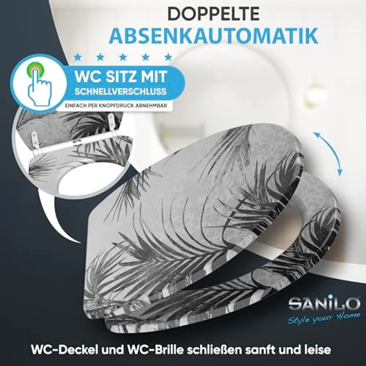 Sanilo WC Sitz Palmera, mit Absenkautomatik, schwarzes Design, stabiles Holz, antibakterielle Beschichtung, 46-48 cm verstellbar – Bild 3