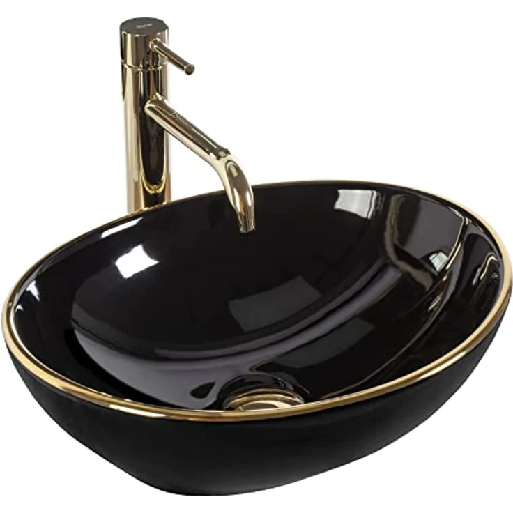 Rea Aufsatzwaschbecken Sofia Black Gold Edge aus hochwertiger Keramik 410 mm x 345 mm x 150 mm für Badezimmer – Bild 1