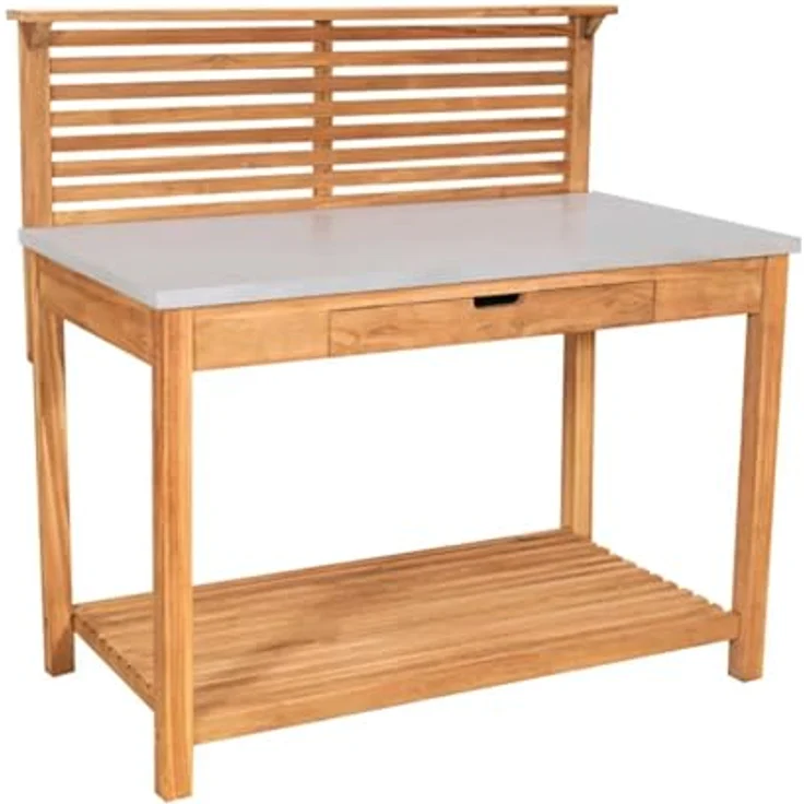 MR. DEKO Pflanztisch Hampton, Teakholz mit verzinkter Arbeitsplatte, wetterfest, Schublade, 115x66x124cm – Bild 1