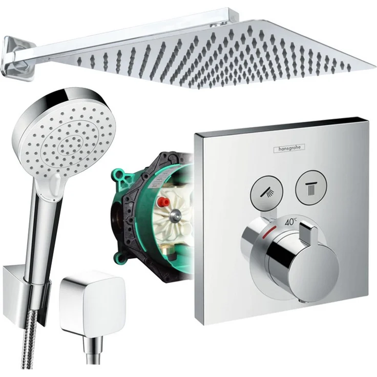Hansgrohe & Jowi ShowerSelect Thermostat, Unterputz-Duschsystem mit Edelstahl Kopfbrause (250/300/360mm) und Brausearm, schwenkbar, flaches Design