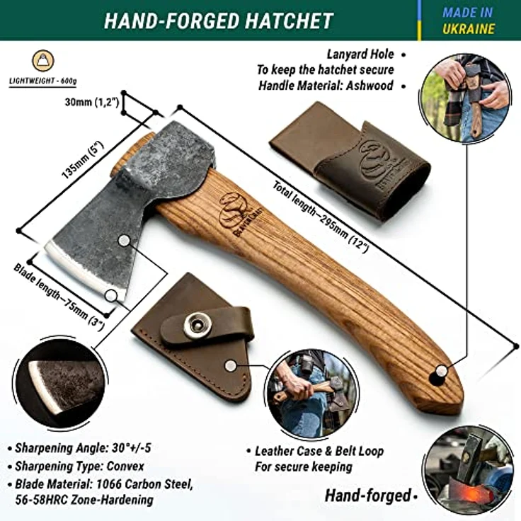 BeaverCraft AX1 Holzbearbeitungsaxt – Geschmiedete Bushcraft-Axt aus Kohlenstoffstahl mit ergonomischem Eschenholzgriff, inklusive Rindslederscheide für Camping und Outdoor-Aktivitäten – Bild 2