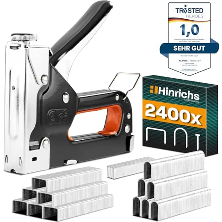 Hinrichs Handtacker im Koffer, 3-in-1 Holztacker mit Klammern und Nägeln, Schwarz/Chrom – Bild 2