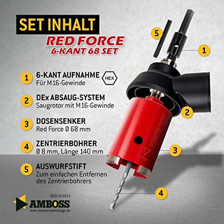 Diamant Dosensenker Ø 68 mm / M16 / DEX System / 90mm Nutzlänge inkl. Absaugung inkl. 6kant Aufnahme und Bohrer - Amboss Red Force Premium für Mauerwerk, Ziegel, Putz, abrasive Materialien – Bild 3