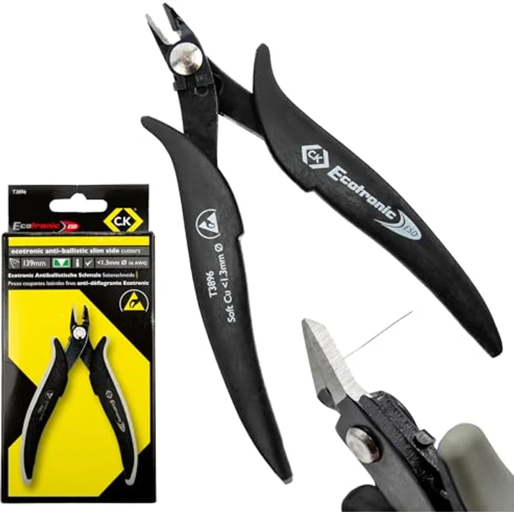 C.K Ecotronic ESD Antiballistische Schmale Präzisions Seitenschneider, 140 mm, für Weichkupferkabel bis 1,3 mm Ø, Anti-FOD-Flachdrahtschneider