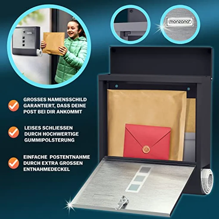 Monzana Design Briefkasten Edelstahl mit Zeitungsfach Sichtfenster Namensschild drehbare Abdeckung Kreuzschloss 2 Schlüssel Postkasten Schwarz-Silber - Preisvergleich – Bild 5