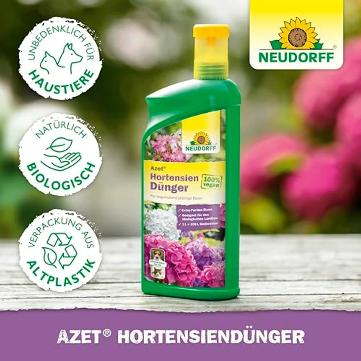 Neudorff Azet HortensienDünger, Bio Blumendünger 1L für 200L Gießwasser, 100 % organisch und vegan, hoher Kaliumgehalt mit Extra Eisen für prächtig blühende Hortensien – Bild 6