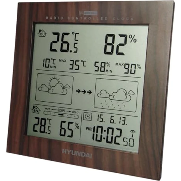 HYUNDAI Wetterstation WS 2244 W, Innen- und Außentemperatur, Luftfeuchtigkeit, Wecker, DCF 77 Funksignal, kabelloser Betrieb – Bild 1