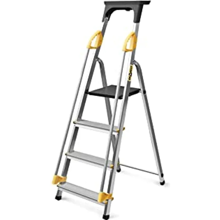 DRABEST Leiter PRO Serie Alu Klaptritt 4 Stufen Klappbare Leiter mit Sicherheits Handläufen bis 150 kg belastbar