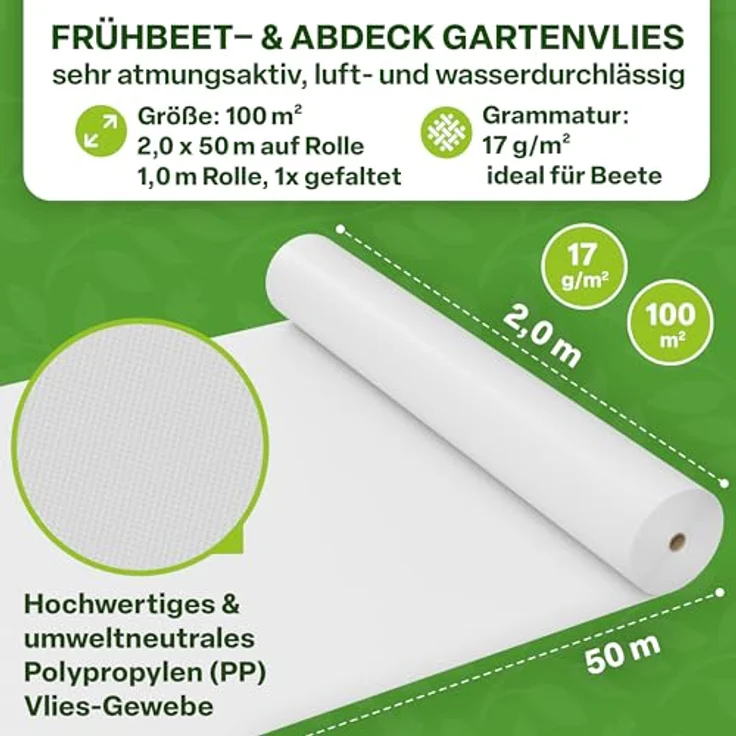 TTL GARDEN Frühbeetvlies 17g/m², 100m², 2m x 50m, weiß - Atmungsaktives Frostschutzvlies für Hochbeete und Beete, UV-beständig und reißfest, Schutz vor Frost und Schädlingen – Bild 2