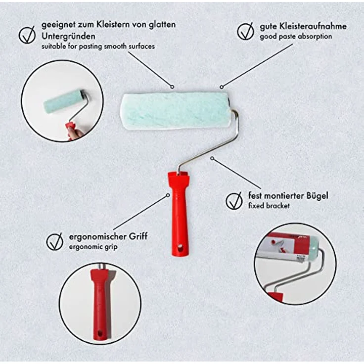 A.S. Création Kleisterroller 18 cm, Profi Kleisterauftragsroller mit ergonomischem Griff, rot – Bild 6