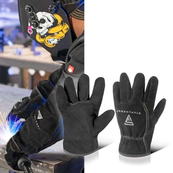 STAHLWERK Schweißerhandschuhe, hitzebeständige Arbeitshandschuhe aus Rindspaltleder, feuerbeständig, Größe XL, schwarz – Bild 6