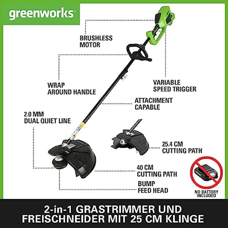 Greenworks Akku-Rasentrimmer und -Sense 2in1 GD40BC Li-Ion 40V 40cm-25cm Schnittbreite 2mm Faden-Messer 5300 U-min verstellbarer Zusatzgriff leistungsstarker brushless Motor ohne Akku u. Ladegerät – Bild 2