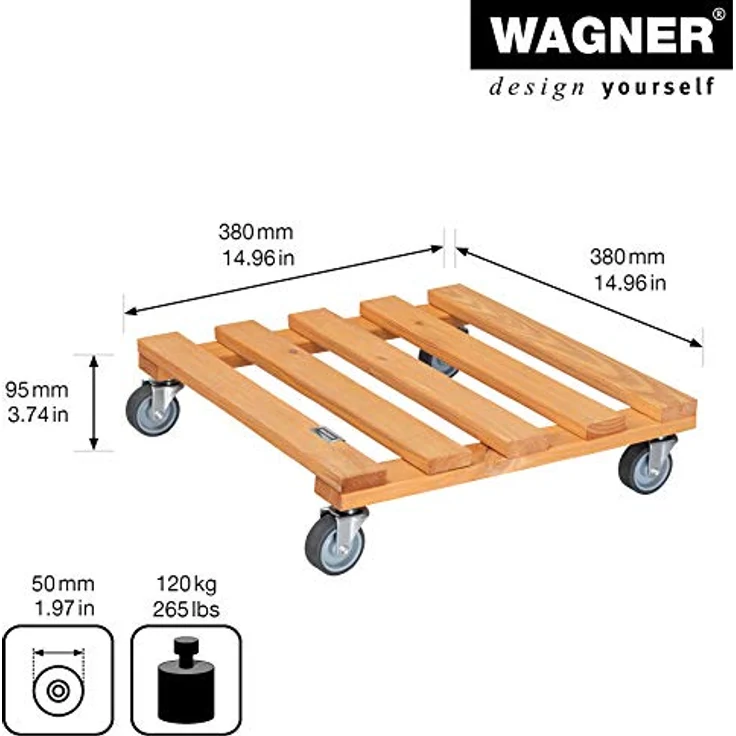 Wagner Pflanzenroller PALETTI 38 x 38 x 9,5 cm I Kübelroller für Außenbereich + Innenbereich I FSC®-Massivholz, terrakotta, softe Rollen I Tragkraft 120 kg I Made in EU - 20041101 – Bild 3