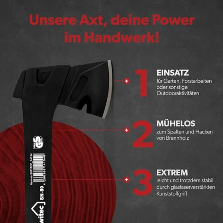 siwitec Universalaxt SN-80, Spaltaxt mit 800 Gramm Kopfgewicht, Axt zum Holz spalten mit glasfaserverstärktem Kunststoff-Stiel und C45 Carbon Klinge, Beil – Bild 3