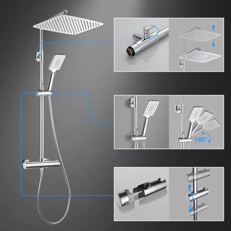 Görbach Regendusche Duschsystem mit Thermostat, Kopfbrause 35x25 cm, Edelstahl Chrom, 3 Strahlarten, höhenverstellbar, inklusive 150 cm Duschschlauch – Bild 5