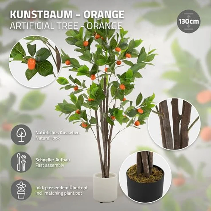 ML DESIGN Künstlicher Orangenbaum 130 cm, naturgetreu mit Orangen, Pflegeleichte Kunstpflanze im schwarzen Topf für Innen & Außen – Bild 2