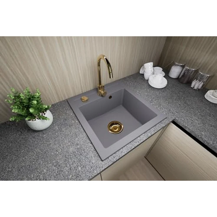 Faizee Möbel Granitspüle 48x50 +Armatur Gold, eckig, 48/50 cm - Hitzebeständig, langlebig, grau – Bild 1
