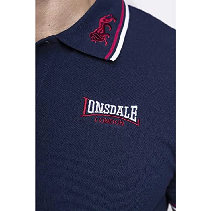 Lonsdale Poloshirt Lion, Arbeitsshirt mit abgesetzten Stickereien und gestreiften Bündchen, blau – Bild 8