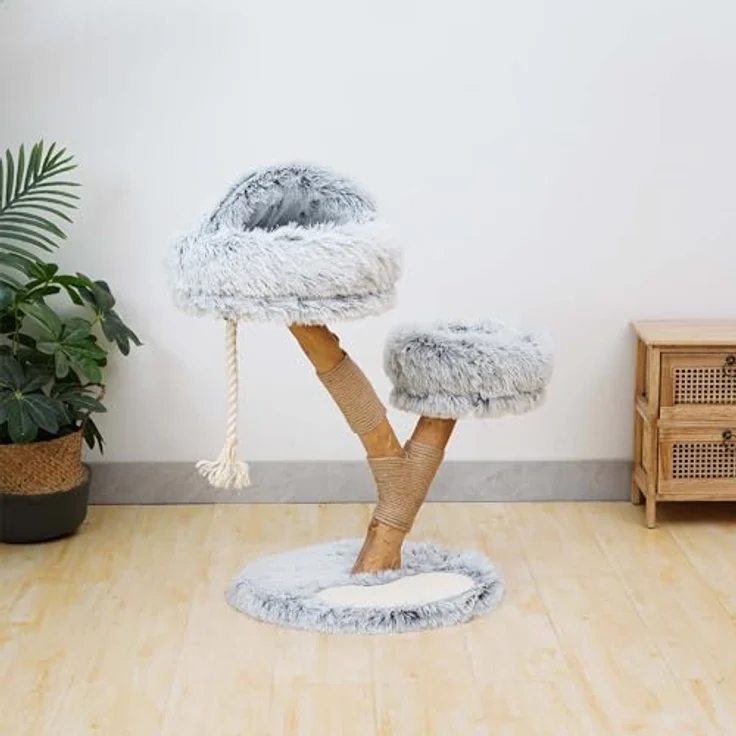 Fudajo Kratzbaum Zweigdesign mit Katzenhöhle 80 cm, Designer Katzenkratzbaum mit Plüsch und Birnbaumholz, Katzenbaum aus Holz mit Kratzmatte, Naturfarben – Bild 2