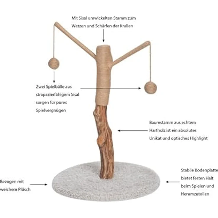 Dehner Lovely Katzen-Kratzbaum, ca. 80 x 45 x 45 cm, echter Baumstamm, Holz/Plüsch/Sisal, braun/weiß – Bild 2