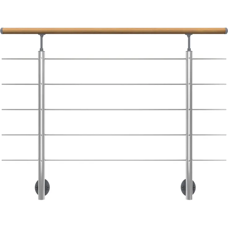 Dolle Brüstungsgeländer zur Bodenmontage 1,5m Aluminium mitlaufende Edelstahlstäbe, Pfosten rund Handlauf Eiche versiegelt, rund