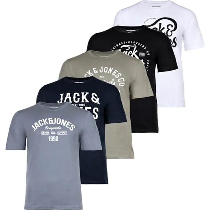 Jack & Jones Leogra, Herren Shirt im 5er-Pack, Regular Fit aus reiner Baumwolle, Mehrfarbig, (L)