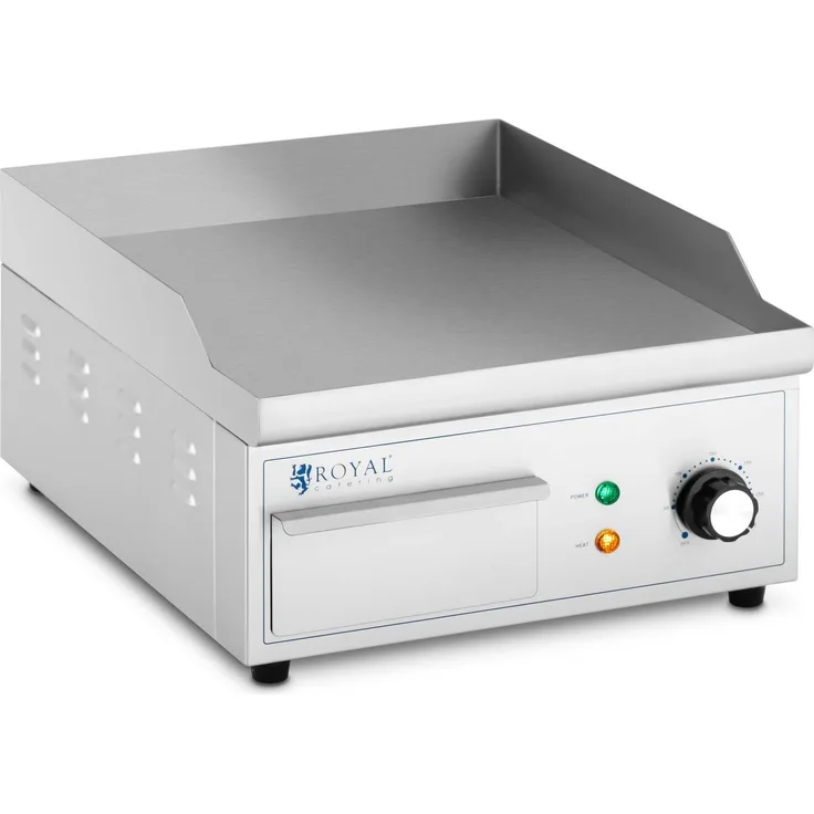 Royal Catering Elektrogrill Elektro Grillplatte Griddleplatte Bratplatte 350 x 380 mm glatt 2.000 W, Gusseisen, hygienisch und saubere Arbeitsweise, konstante Temperatur, Edelstahl-Gehäuse, effiziente Fettabfuhr