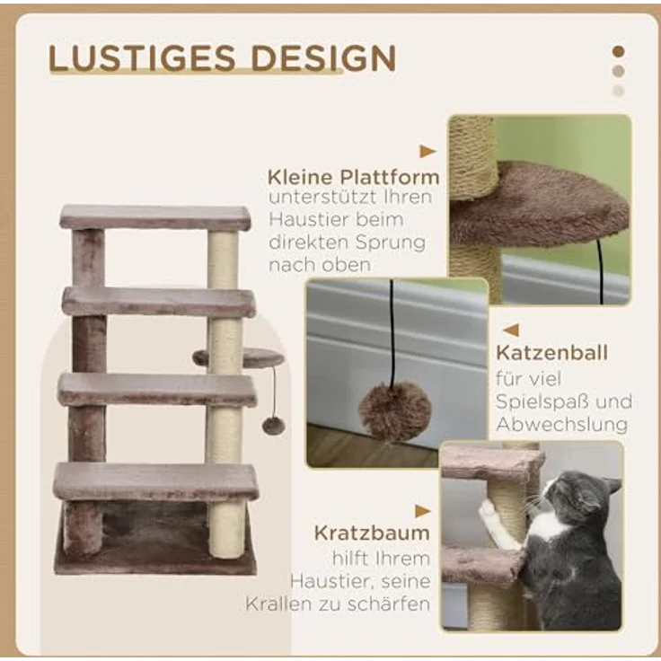 PawHut Kratzbaum Haustiertreppe mit Kratzbaum Ball, 4-stufige Katzentreppe, für Haustiere bis 5 kg, Braun – Bild 4