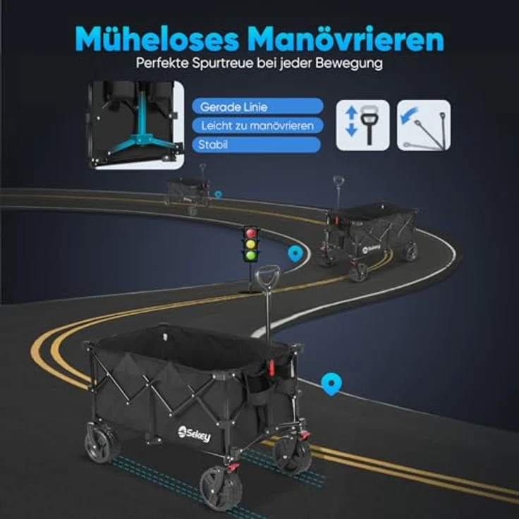 Sekey XXL Plus Bollerwagen Faltbar, 200L Volumen, 200KG Tragfähigkeit, All Terrain mit Bremsen, Patentierter Faltmechanismus, Schwarz – Bild 4