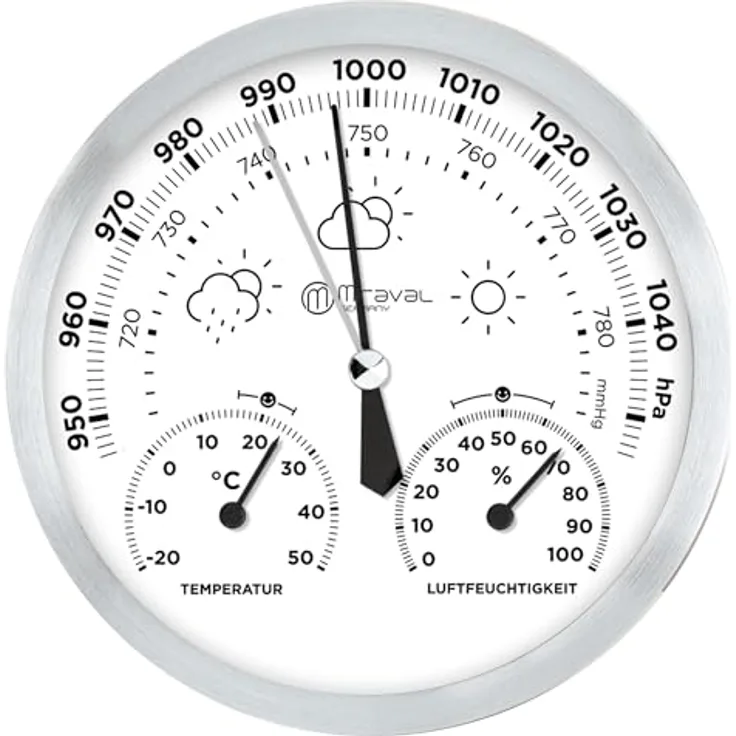 Miraval Design Analoge Wetterstation, Hygrometer, Barometer, Thermometer, 130 mm, silbernes Metallgehäuse, präzise Messungen, geräuschloser Betrieb