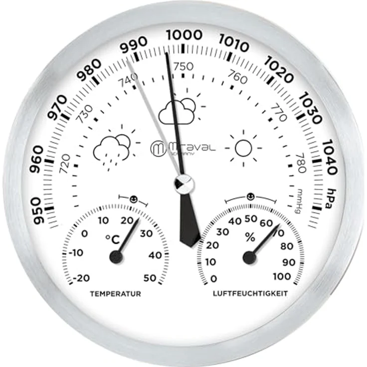 Miraval Design Analoge Wetterstation, Hygrometer, Barometer, Thermometer, 130 mm, silbernes Metallgehäuse, präzise Messungen, geräuschloser Betrieb – Bild 1