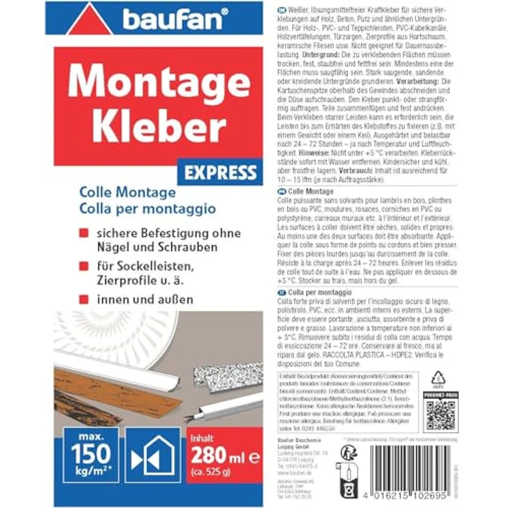 Baufan Montagekleber 280ml Express, universeller Alleskleber für Holz, Dämmplatten, Keramik und PVC, lösungsmittelfrei, weiß – Bild 4