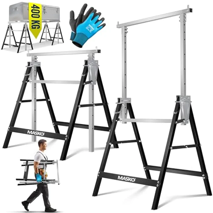 MASKO® Teleskop-Arbeitsbock Untergestell 8-er Set, höhenverstellbar 800-1300 mm, max. Belastbarkeit 200 kg, inkl. rutschfester Arbeitshandschuhe, Schwarz – Bild 1