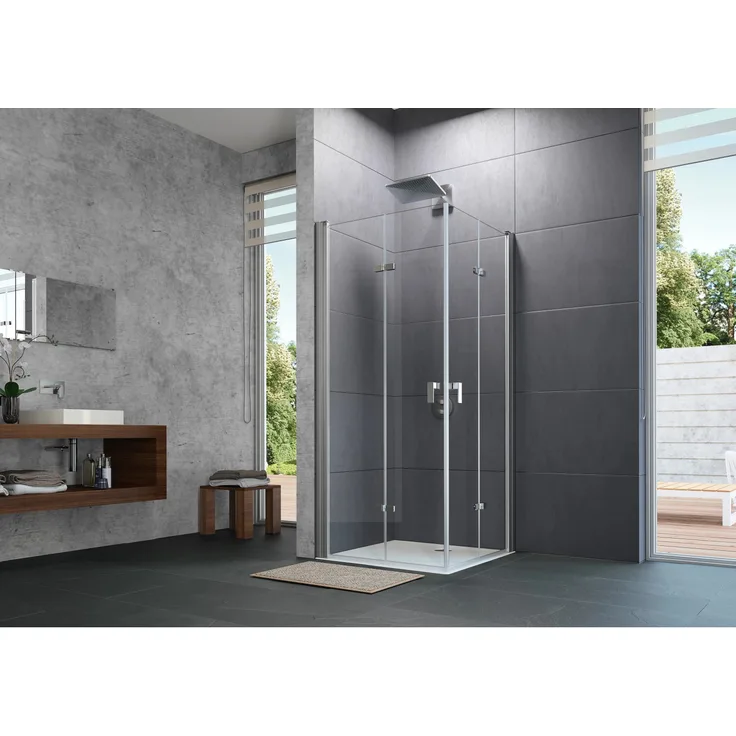 Hüppe 4-Eck-Schwingfalttür Design Pure, 90 cm x 200 cm, Silber Matt, mit Hebe-Senk-Mechanismus und Schwallschutzleiste