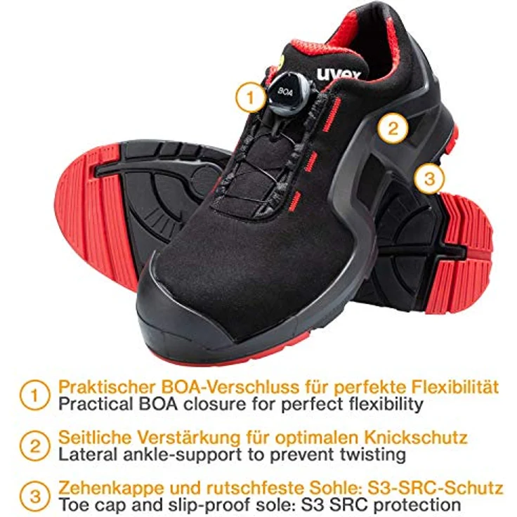 Uvex 1 x-tended Support Sicherheitsschuhe S3 SRC ESD, BOA Verschluss, rot-schwarz, Größe 47 – Bild 2