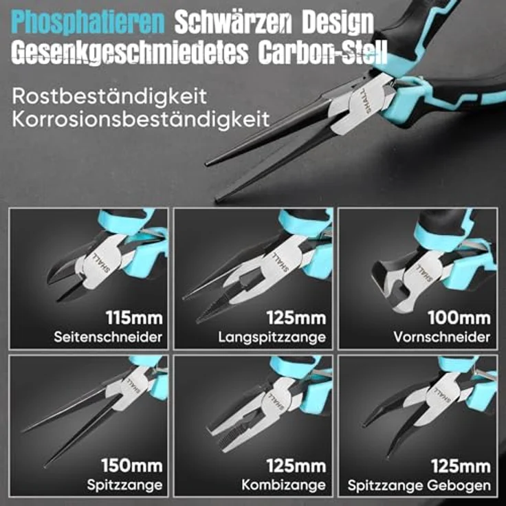 SHALL 6-tlg. Mini-Zangen-Set, inkl. Drahtschneider, Seitenschneider, Elektrikerzange, Spitzzange, Langzange und gebogene Spitzzange, ergonomische Griffe, tragbare Aufbewahrungstasche – Bild 3