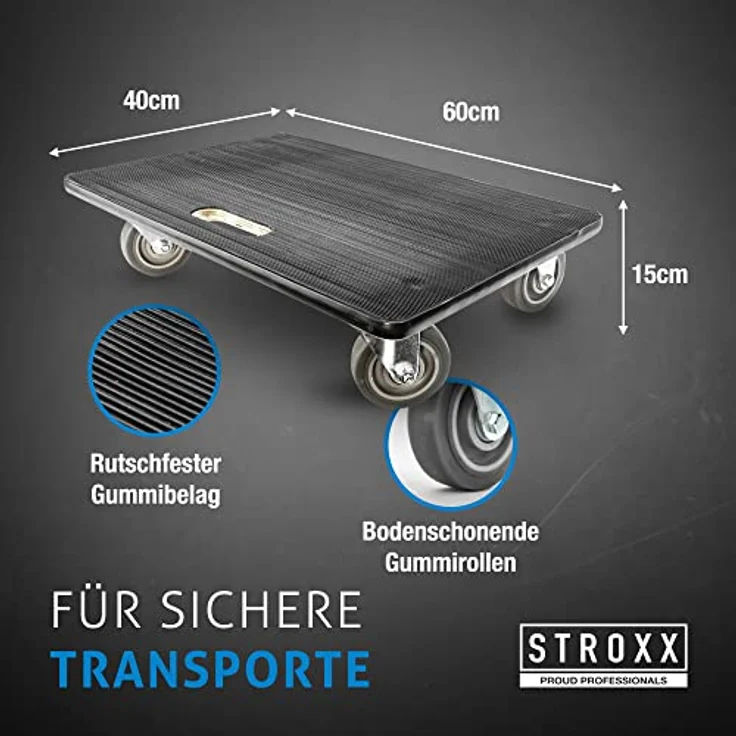 STROXX Transportroller, 500 kg Traglast (600 x 400 x 145 mm), rutschfester Gummibelag, Möbelroller für Umzug & schwere Gegenstände – Bild 3