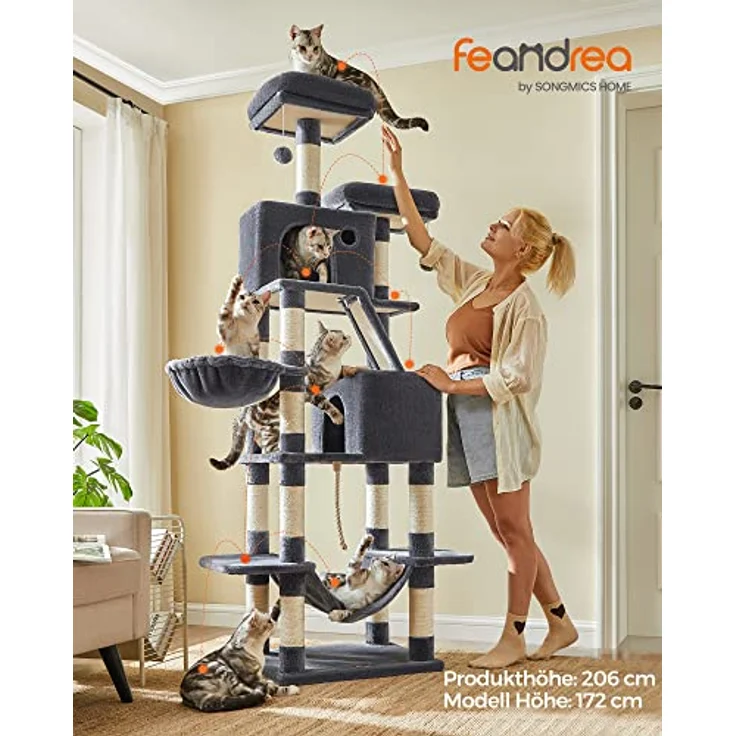Feandrea Kratzbaum groß, 206 cm hoch, XXL Katzenbaum, mit 13 Kratzsäulen, 2 Plattformen, 2 Höhlen, Korb, Hängematte, Plüschbälle, mehrstöckiger Katzenkratzbaum, rauchgrau PCT190G01 – Bild 2