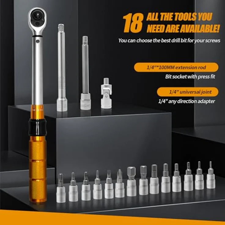 CCLIFE Drehmomentschüssel Auto 1/4'' 1-25 Nm, Drehmomentschlüssel Set für Fahrrad & Motorrad mit 100mm Verlängerungsstange, Universalgelenk, 19tlg, Präzise Drehmomenteinstellung – Bild 4