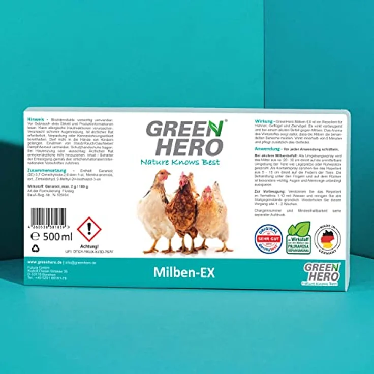 GreenHero Milben-EX 500 ml, Das Spray gegen Milben für Hühner & Geflügel, Milben Stopp, Anti Milbenspray, Umgebungsspray zum Bekämpfen von Milben im Hühnerstall, Abwehrspray und zur Vorbeugung – Bild 5