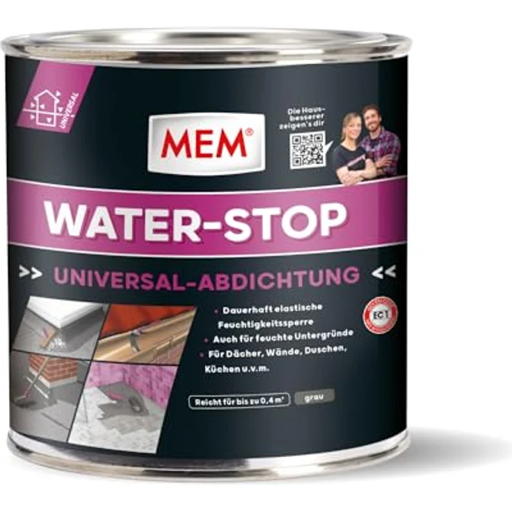 MEM Water Stop Abdichtungsmasse, Universalabdichtung & Feuchtigkeitssperre für innen & außen, lösemittel-, silikon- & bitumenfrei, Grau, 1 kg Eimer – Bild 1