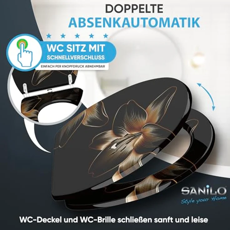 Sanilo WC Sitz mit Absenkautomatik Top Fix Aurelia, bruchfestes Holz, universell passend für handelsübliche WCs, antibakterielle Beschichtung, 4-seitig bedruckt – Bild 3