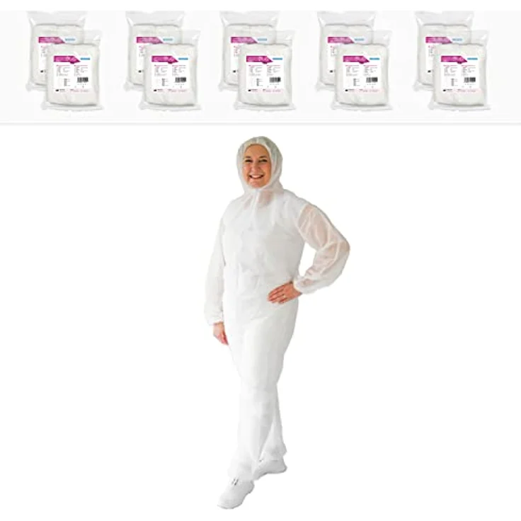 ARNOMED Einwegschutzanzug PP, 10er Set XL in Weiß, atmungsaktiv mit Kapuze, reißfest, ideal als Maler- und Lackieranzug – Bild 1