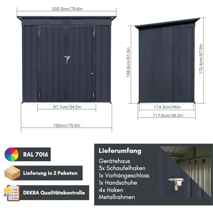 ALBATROS Profi Gerätehaus L – verzinktes Metall in Anthrazit (RAL 7016) | 202x118x173cm, 4,1m³ | Inkl. Schloss & Werkzeughaken | wetterfester Geräteschuppen, Gartenschrank, Gerätehütte – Bild 2