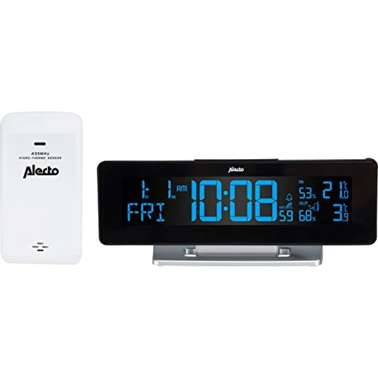 Alecto WS-2500, Wetterstation mit drahtlosem Aussensensor, Schwarz, Silber, animierte Wettervorhersage und DCF-Uhr – Bild 2
