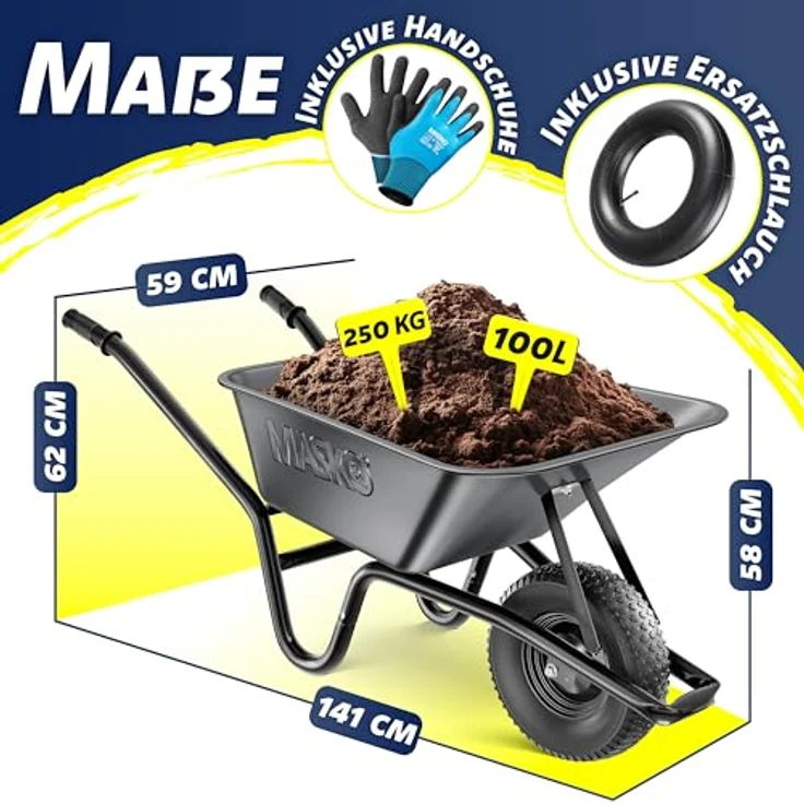 MASKO® Schubkarre 100 Liter, Bauschubkarre mit 250 kg Traglast, Luftreifen auf Stahlfelge, verzinkter Stahlrahmen, inkl. Ersatzschlauch und Handschuhe – Bild 2