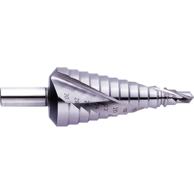 Exact 07028 HSS Stufenbohrer, Gesamtlänge 98mm, 3-Flächenschaft für gratfreies Bohren von Blechen, Rohren und Profilen, 1St.