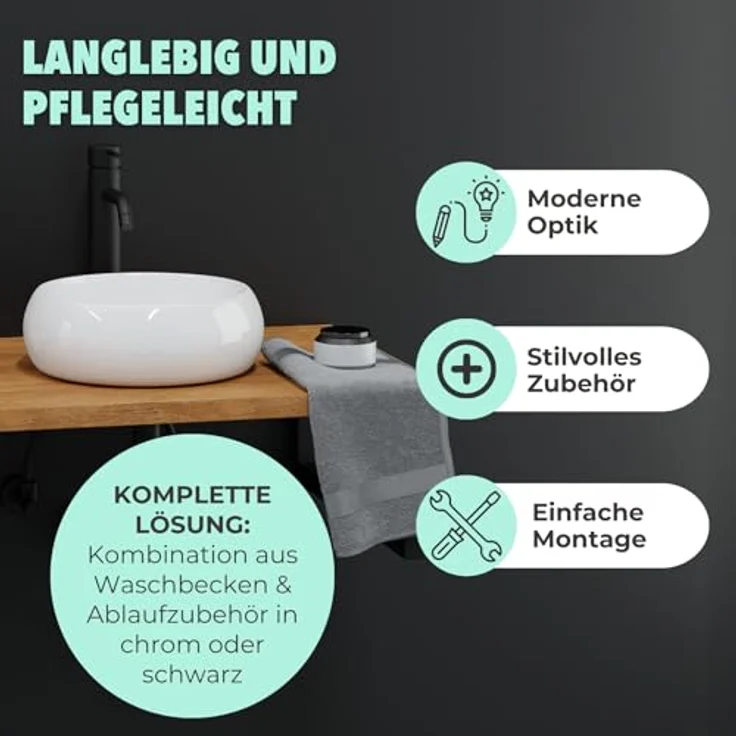 HAGO Aufsatzwaschbecken Keramik Ø350x120mm rund Kieselstein-Design kratzfest elegantes Weiß – Bild 5