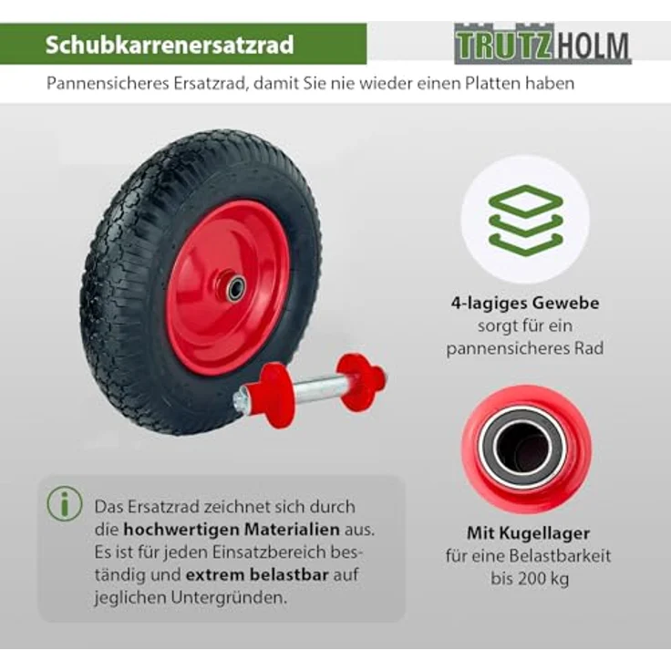 Schubkarrenrad 4.80-4.00-8 & Achse Luftrad 4PR Metallfelge rot – Bild 2