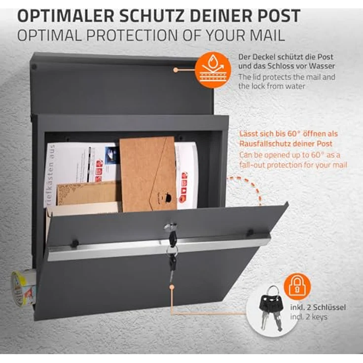 ECD Germany Standbriefkasten mit Zeitungsfach, pulverbeschichteter Stahl in Anthrazit, 120 cm hoch, Einwurföffnung 37x36,5 cm – Bild 4
